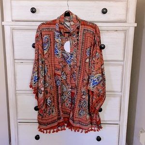 Tassel Trim Belted Floral Print Kimono